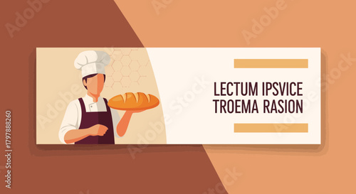 Bakery shop advertising banner with baker holding bread loaf illustration