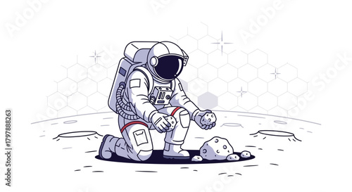 Astronaut explores the moon collecting geological samples in a stylized vector drawing