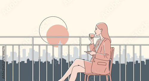 Businesswoman enjoying a morning coffee on the balcony with a cityscape view line art