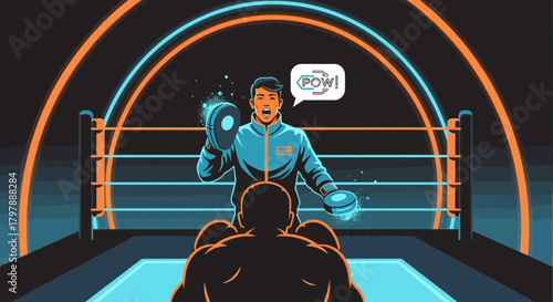 Boxing coach training fighter in ring with modern neon lights and vibrant energy