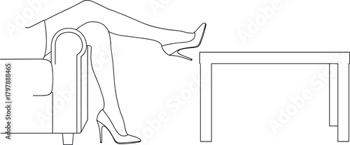 Minimalist lounge illustration, person sitting with legs crossed on table, high heels and couch, lifestyle fashion concept, vector artwork
