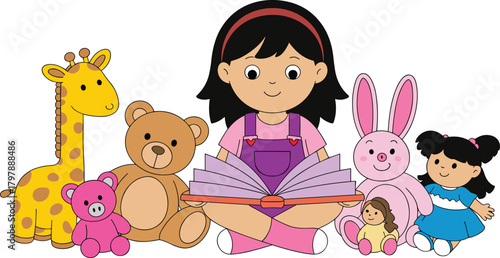 Cute cartoon girl reading book surrounded by stuffed toys including teddy bear giraffe bunny and dolls, educational children illustration promoting reading habits