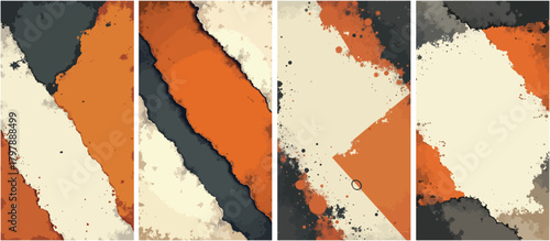 Set of abstract geometric grunge background in burnt orange, charcoal gray, and cream, featuring torn paper edges, distressed textures, and layered brushstroke effects — vector panel collection