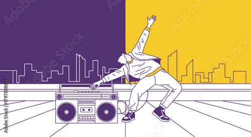 Grooving to the Beat: Energetic Illustration of a Person Dancing to a Boombox in the City