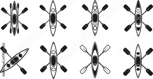 Kayak silhouette illustration set, top views with paddle and seat variations, water sport equipment comparison, flat vector design