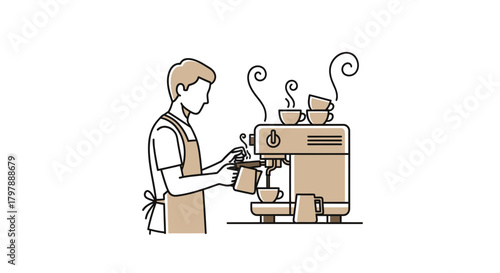 Illustration of a barista preparing coffee using an espresso machine in a cafe setting