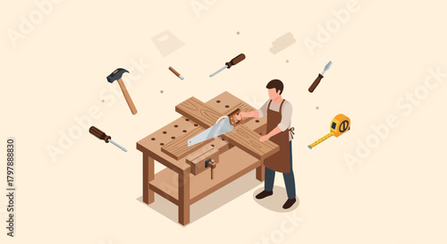 Isometric illustration of a carpenter working with wood and tools on workbench