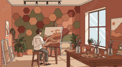 Illustration of an artist painting in a cozy studio filled with natural light and artistic elements