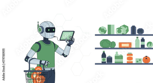 Robot assistant uses a tablet while shopping for groceries and navigating store shelves