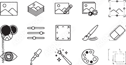 Collection of handdrawn icons representing photo editing and graphic design tools and concepts