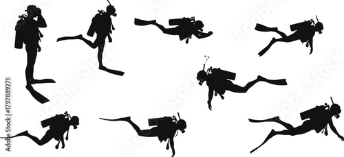 Scuba diver silhouettes, underwater motion, diving gear, marine activity, swimming posture, ocean exploration, aquatic movement, snorkel fins, sea anatomy, dive technique