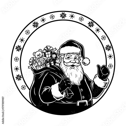 Merry Christmas Santa Claus emblem, vector stencil graphic for holiday design.