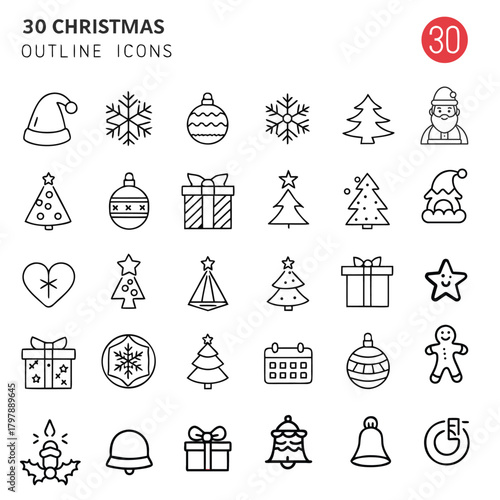 “A clean minimal set of Christmas outline icons, modern strokes and scalable vector elements designed for UI, packaging, banners, and festive branding.”
