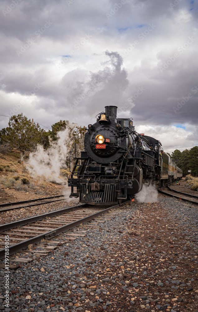 Obraz premium Historic steam locomotive approaching on railway tracks