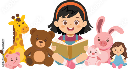 Cute cartoon girl reading book surrounded by stuffed toys including teddy bear giraffe bunny and dolls, educational children illustration promoting reading habits