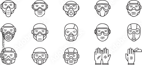Assortment of line art icons featuring protective headgear, masks, and gloves for safety and industrial applications