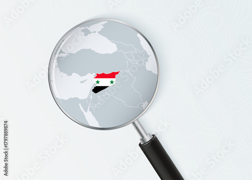 Syria Map Under Magnifying Glass with National Flag Overlay.