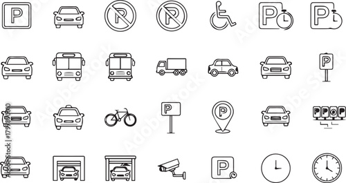 Collection of parking and transportation icons including cars, buses, trucks, and signs