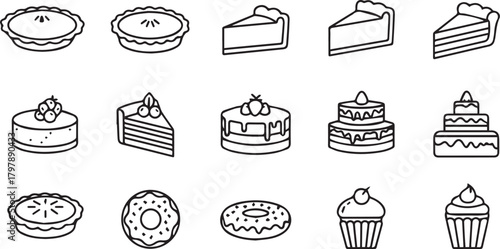 Assortment of delicious baked goods and desserts including cakes, pies, donuts, and cupcakes