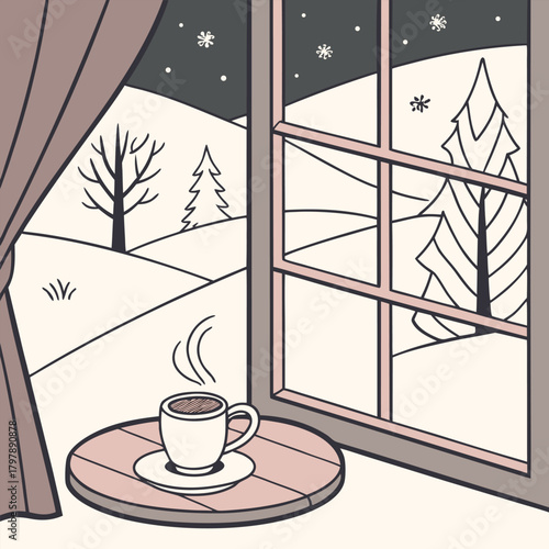 “A calming cozy winter morning scene with warm interior, soft lighting, and snowfall outside, perfect for greeting posts, wallpapers, and banners.”