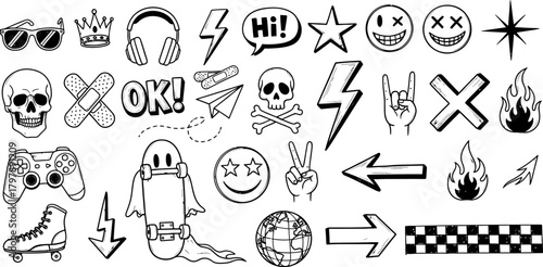 Collection of hand drawn doodle icons and symbols representing music gaming rebellion and pop culture elements