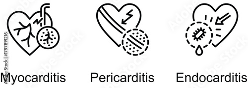 Types Of Heart Infections banner web icon vector illustration of Myocarditis, Pericarditis, Endocarditis