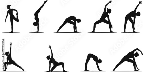 Yoga poses silhouette, fitness balance, wellness flexibility, meditation posture, body strength, stretching exercise, calm focus, spiritual routine, healthy lifestyle, alignment training