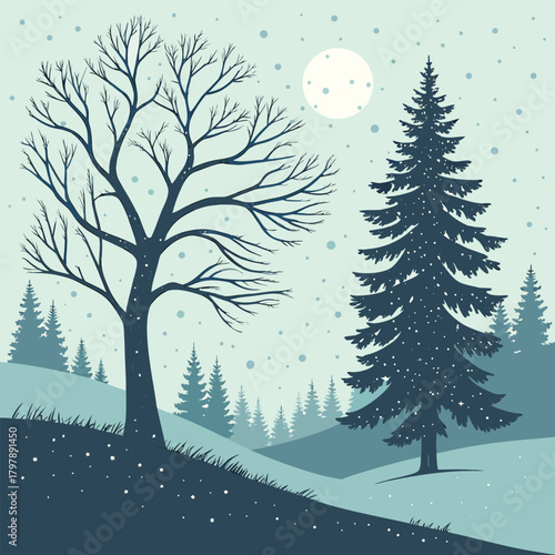 “A soft snowy Christmas landscape with pine trees and falling snow, ideal for banners, greeting cards, product packaging and winter campaigns.”
