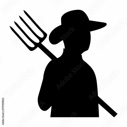 Silhouette of a farmer holding a pitchfork, ready to work hard