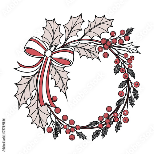 “A beautifully detailed Christmas wreath featuring foliage, berries, and ribbon, ideal for festive cards, invitations, packaging, and branding.”