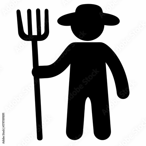 Illustration of a farmer holding a pitchfork in silhouette style