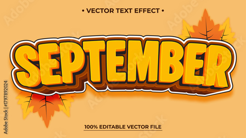 September Editable text effect with autumn leaves editable vector illustration