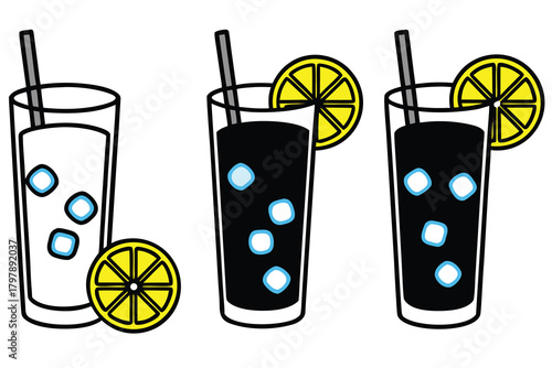 Hand drawn lemonade glasses with ice and lemon slices silhouette isolated on white background VECTOR.