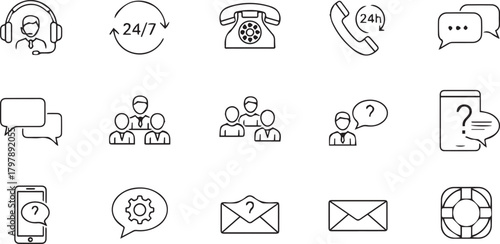 Customer support and communication icons including headset, phone, chat bubbles, and email