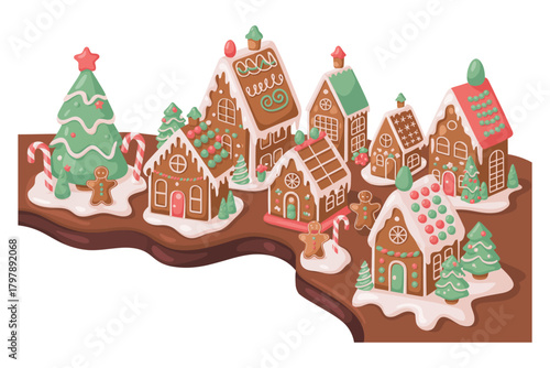 Whimsical gingerbread village in a snowy winter wonderland, featuring charming candy houses, festive decorations, cozy scenery, perfect for holiday artwork, seasonal illustrations, and creative festiv