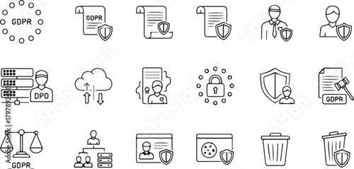 Collection of gdpr and data protection icons, including documents, servers, cloud, and security symbols