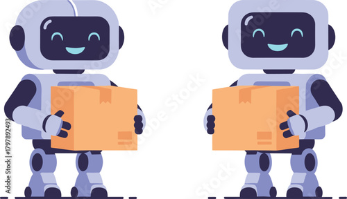 Cute friendly delivery robots carrying boxes in a modern futuristic illustration representing smart automation and efficient logistics services