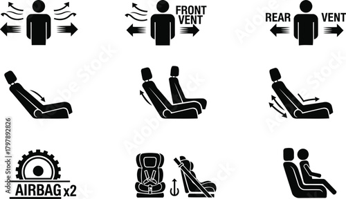 Essential car seat features: Airbag safety, seat adjustment, and ventilation guide for a comfortable and secure ride, originally created as scalable vector art