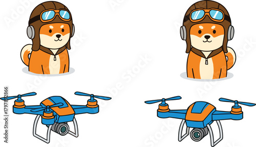 Cute Shiba Inu Pilot Dog Character Operating Modern Drone for Aerial Photography and Fun Outdoor Adventures