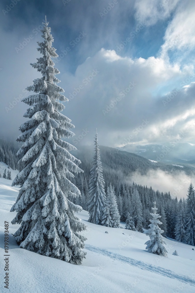 Fototapeta premium Beautiful winter landscape with snowy fir trees and fog.