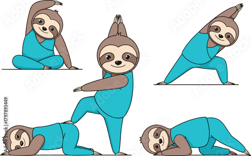 Cute sloth characters practicing calming yoga exercises in various relaxing poses wearing blue outfits for mindfulness wellness illustrations