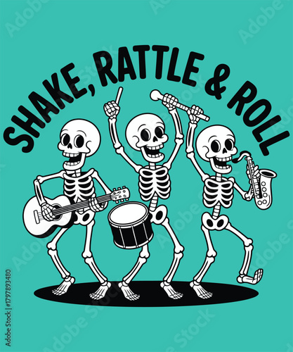 Three skeletons playing musical instruments and dancing