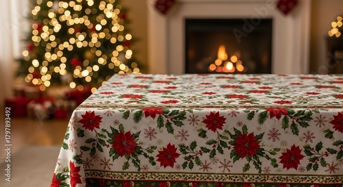 Festive christmas tablecloth with poinsettias in a cozy room with a christmas tree and fireplace