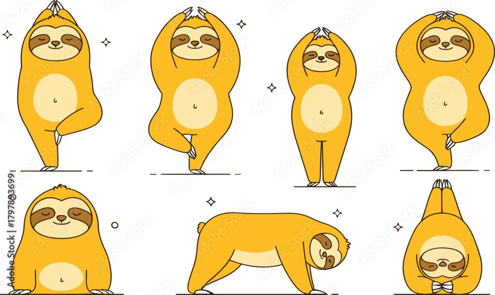 Fototapeta premium Cute sloth characters practicing relaxing yoga poses in a playful wellness illustration set for mindfulness and healthy lifestyle designs