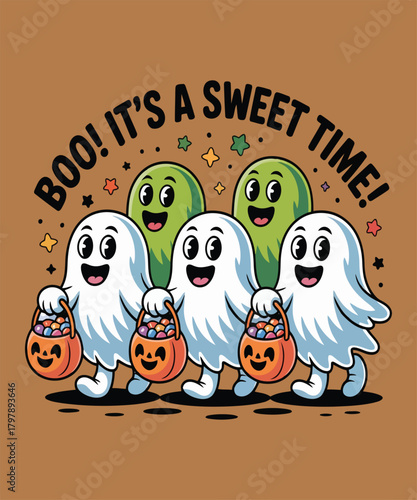 Cute ghosts trick or treating on halloween night