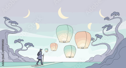 Dreamy landscape with traveler sky lanterns and crescent moons, evokes tranquility and adventure