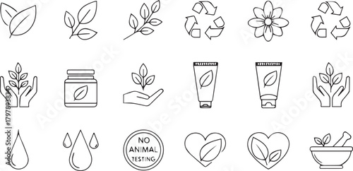 Set of handdrawn icons symbolizing natural ingredients, organic products, and ecofriendly practices