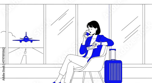 Elegant traveler awaiting departure at the airport, enjoying a beverage and holding her ticket