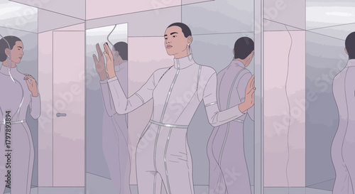 Elegant woman surrounded by mirrored reflections in a minimalist room design featuring a modern