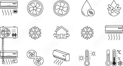 Set of line art icons illustrating air conditioning and climate control devices